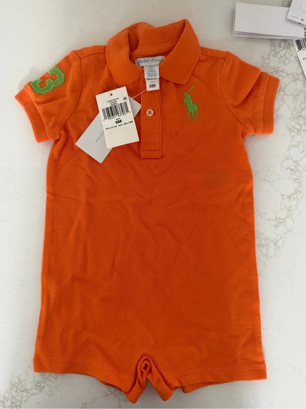 Ralph Lauren Bright Orange Polo Romper with Green Logo